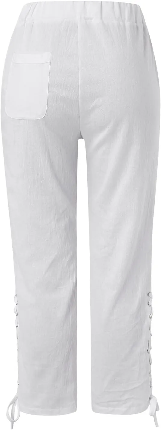 YOLAI Cropped Cotton Linen Trousers for Women High Waist Drawstring Pants with Pockets Summer Lightweight Beach Harem Pant (White, M)