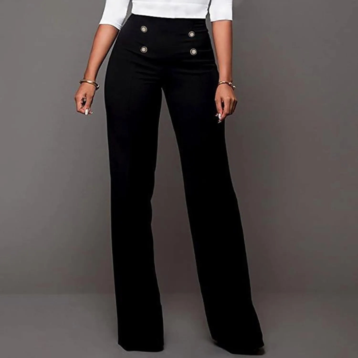 YOLAI Women Casual Wide Leg Pant High Waist Button Down Trousers Solid Color Business Work Trousers