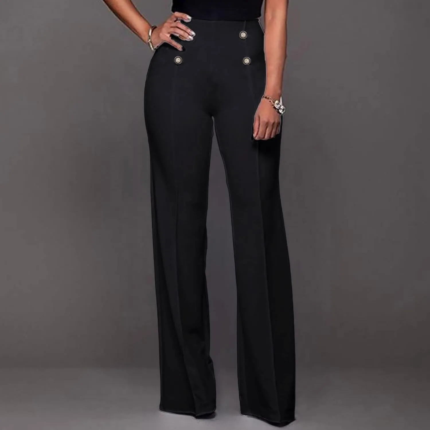 YOLAI Women Casual Wide Leg Pant High Waist Button Down Trousers Solid Color Business Work Trousers