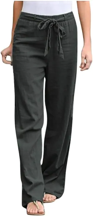YOLAI Women Cotton Linen Trousers Elastic Waist Solid Color Long Pants Drawstring Wide Leg Pants