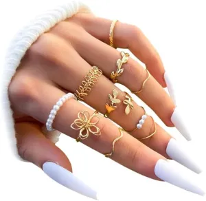 YOOESTORES82 Boho Gold Stacking Rings for Women Gold Knuckle Rings Set Star Moon Flower Rings for Women,Stackable Rhinestone Aesthetic Midi Rings Set Rings Gifts