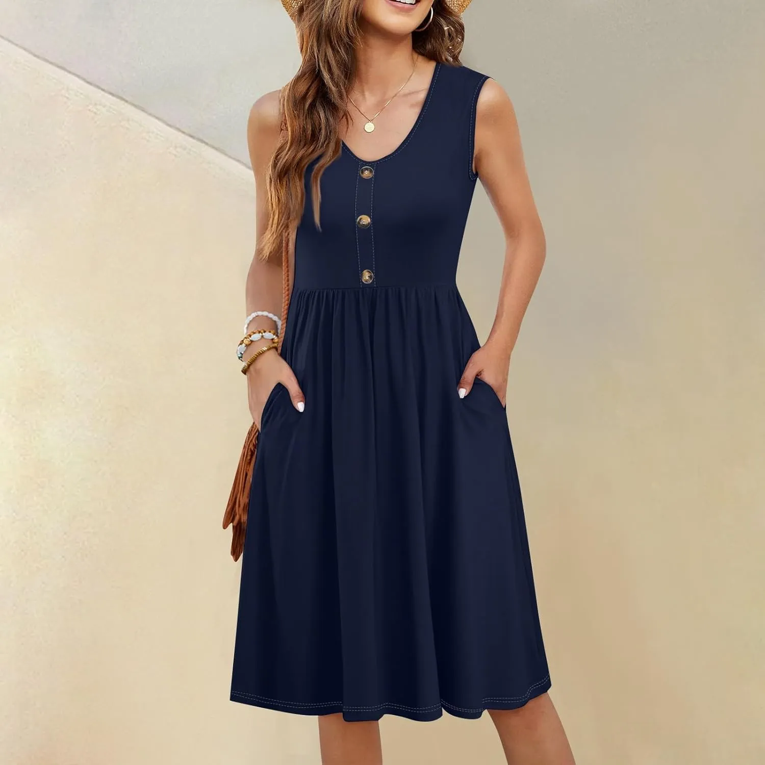 YUTANRAL Summer Dresses for Women 2025 Trendy Button Down V Neck Sleeveless Casual Loose Midi Tank Dress Resort Wear