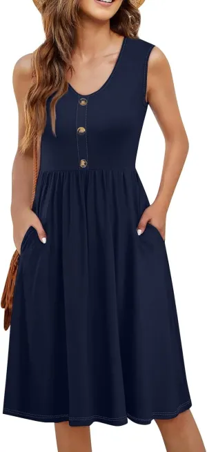 YUTANRAL Summer Dresses for Women 2025 Trendy Button Down V Neck Sleeveless Casual Loose Midi Tank Dress Resort Wear