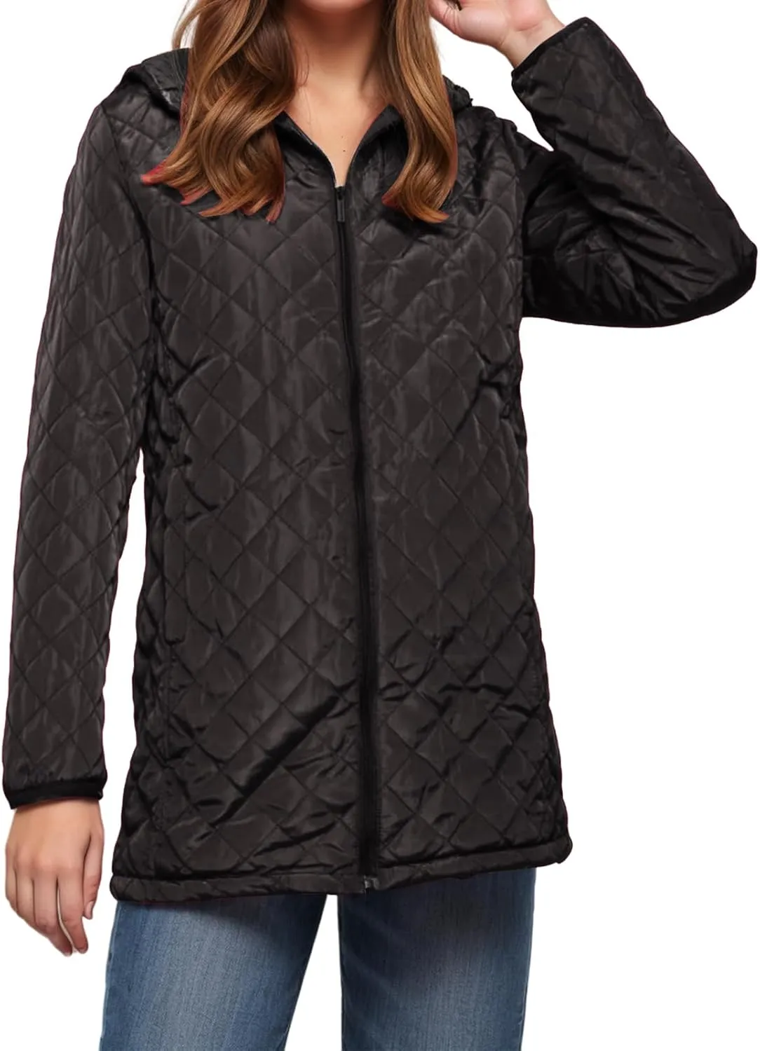 Zip Up Hoodie for Women Fleece Lined Jacket Casual Long Trench Coat Quilted Coat Casual Hooded Jacket Winter Outwear