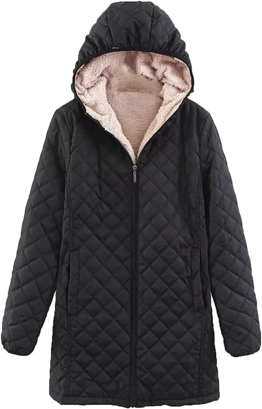 Zip Up Hoodie for Women Fleece Lined Jacket Casual Long Trench Coat Quilted Coat Casual Hooded Jacket Winter Outwear