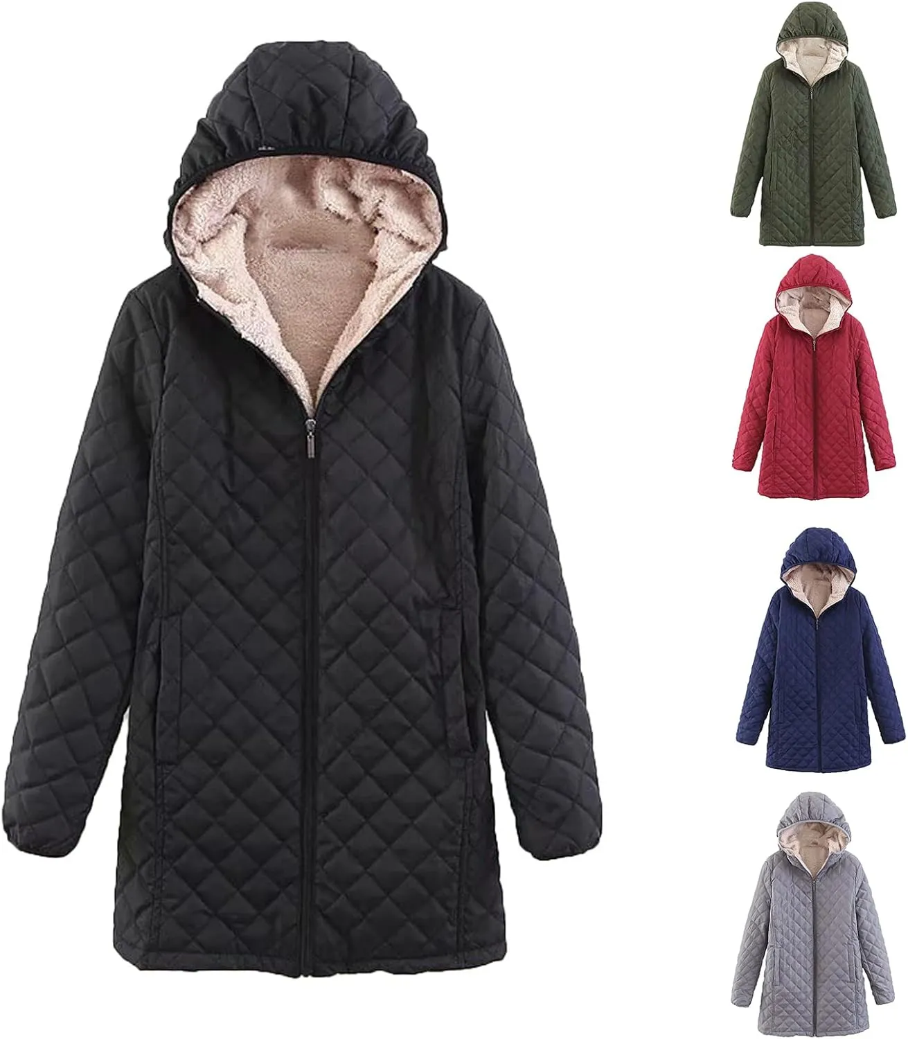 Zip Up Hoodie for Women Fleece Lined Jacket Casual Long Trench Coat Quilted Coat Casual Hooded Jacket Winter Outwear