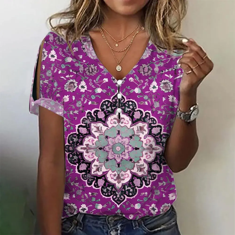 ZOCANIA Boho Tops for Women 2025 Ladies Short Sleeve Tops Summer Blouses Dressy Casual V Neck Cold Shoulder Tunic Shirts