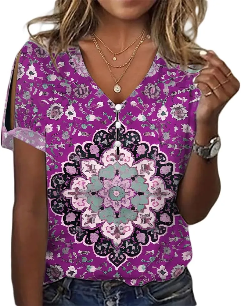 ZOCANIA Boho Tops for Women 2025 Ladies Short Sleeve Tops Summer Blouses Dressy Casual V Neck Cold Shoulder Tunic Shirts