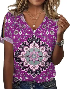 ZOCANIA Boho Tops for Women 2025 Ladies Short Sleeve Tops Summer Blouses Dressy Casual V Neck Cold Shoulder Tunic Shirts