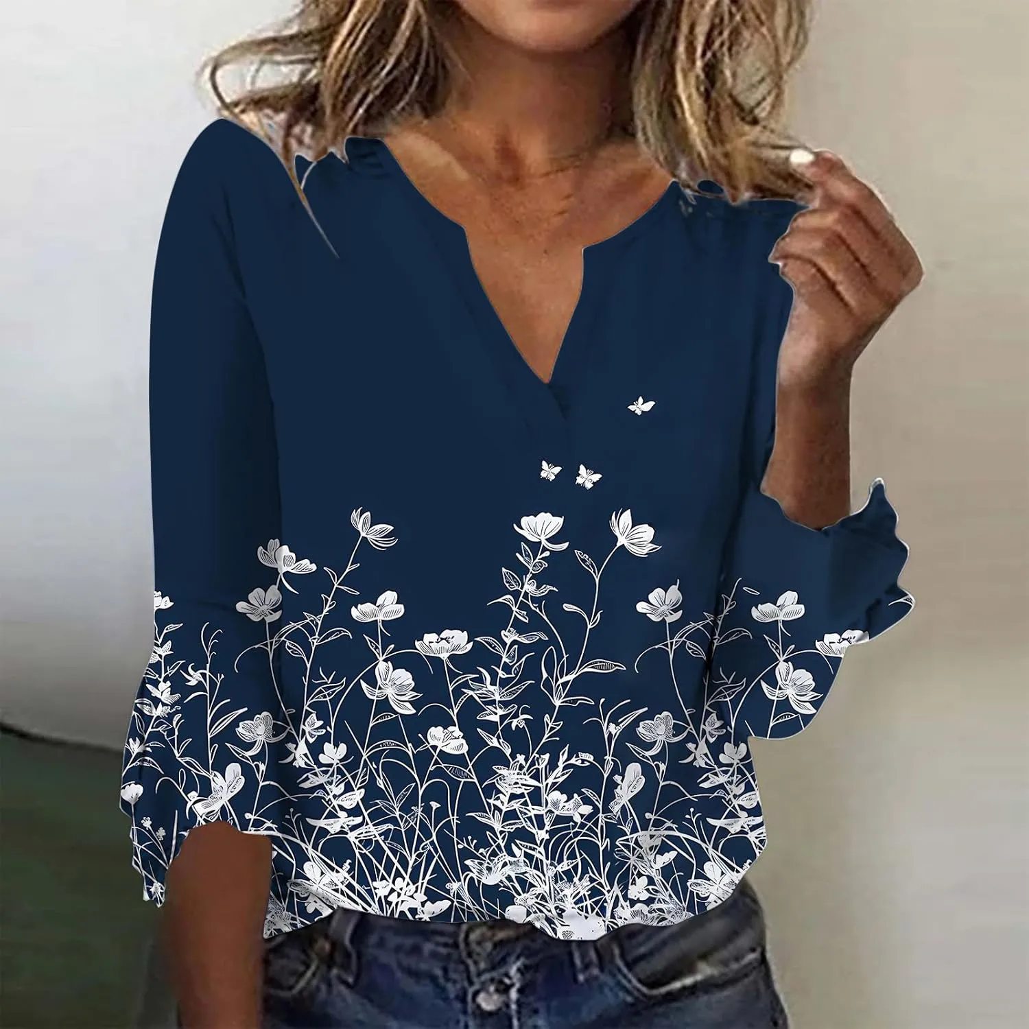 ZOCANIA Womens Tops 3/4 Sleeve Shirts Boho Floral Print Summer Blouses for Women Dressy Casual Loose V Neck Graphic Tee