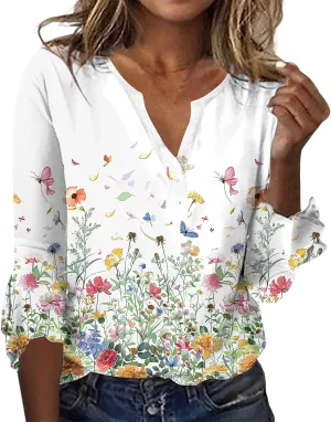 ZOCANIA Womens Tops 3/4 Sleeve Shirts Boho Floral Print Summer Blouses for Women Dressy Casual Loose V Neck Graphic Tee