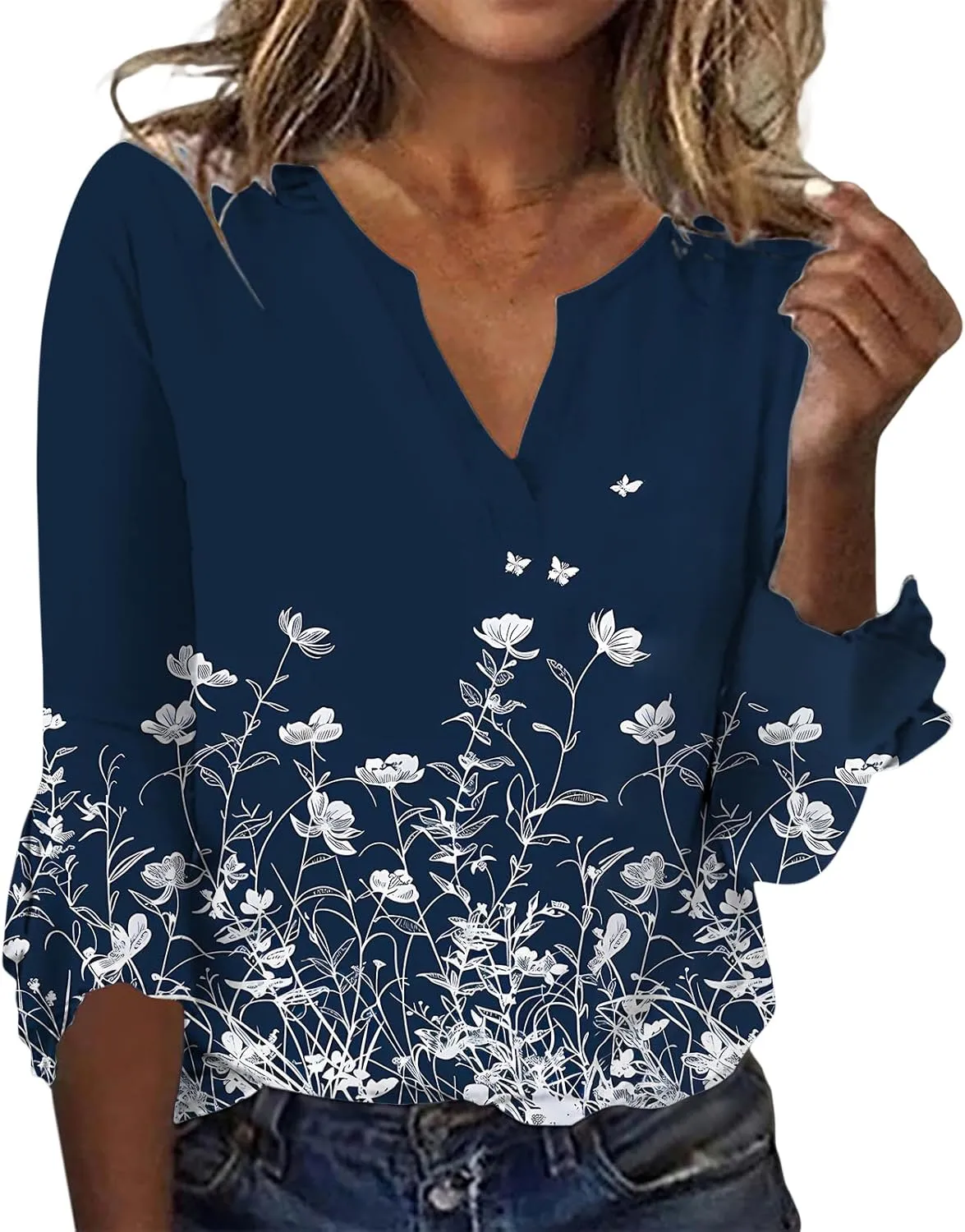 ZOCANIA Womens Tops 3/4 Sleeve Shirts Boho Floral Print Summer Blouses for Women Dressy Casual Loose V Neck Graphic Tee