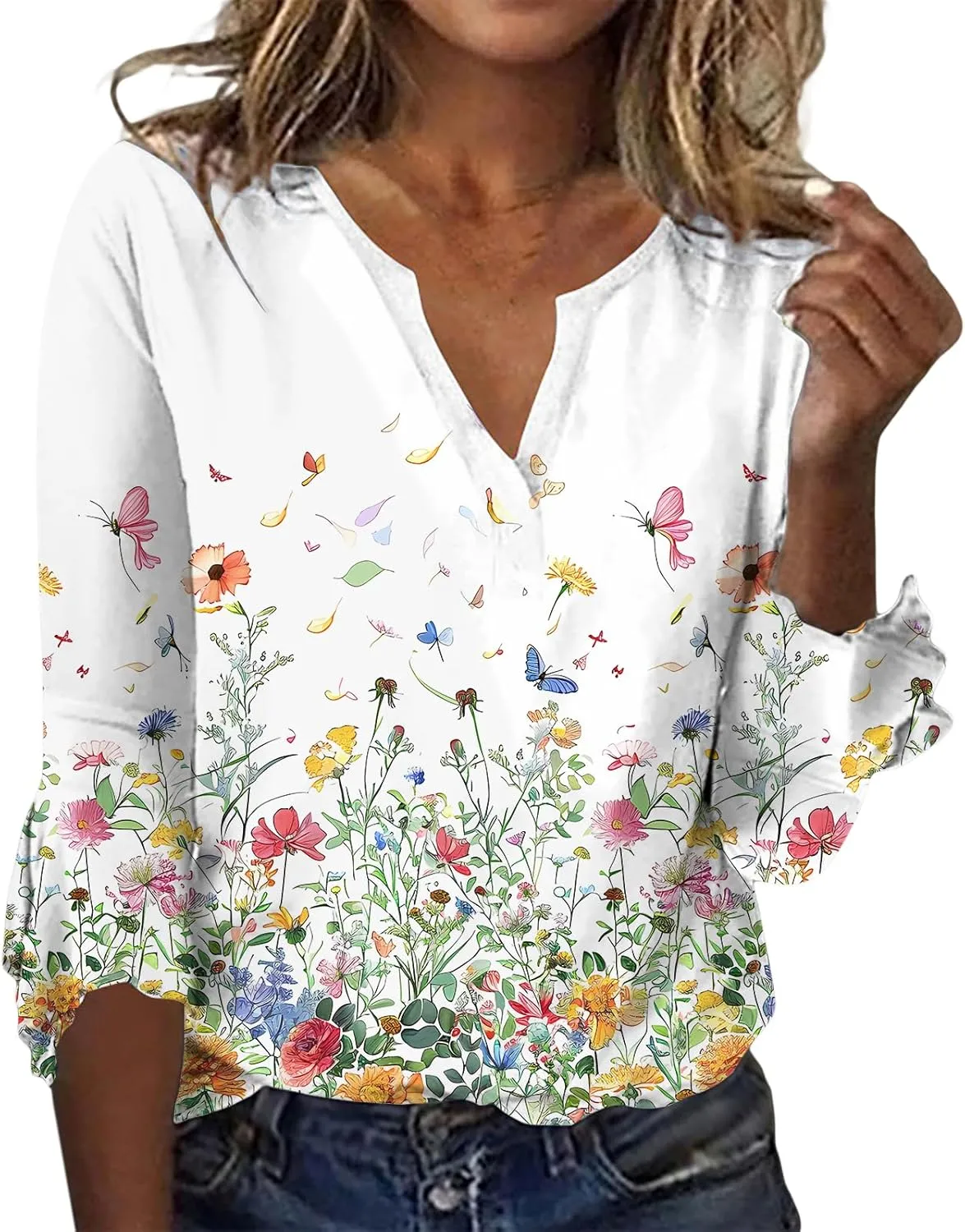 ZOCANIA Womens Tops 3/4 Sleeve Shirts Boho Floral Print Summer Blouses for Women Dressy Casual Loose V Neck Graphic Tee