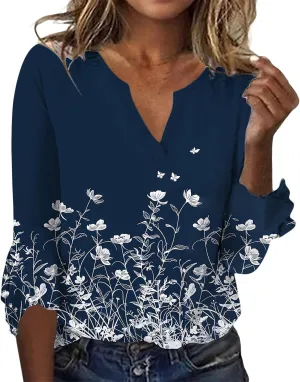 ZOCANIA Womens Tops 3/4 Sleeve Shirts Boho Floral Print Summer Blouses for Women Dressy Casual Loose V Neck Graphic Tee