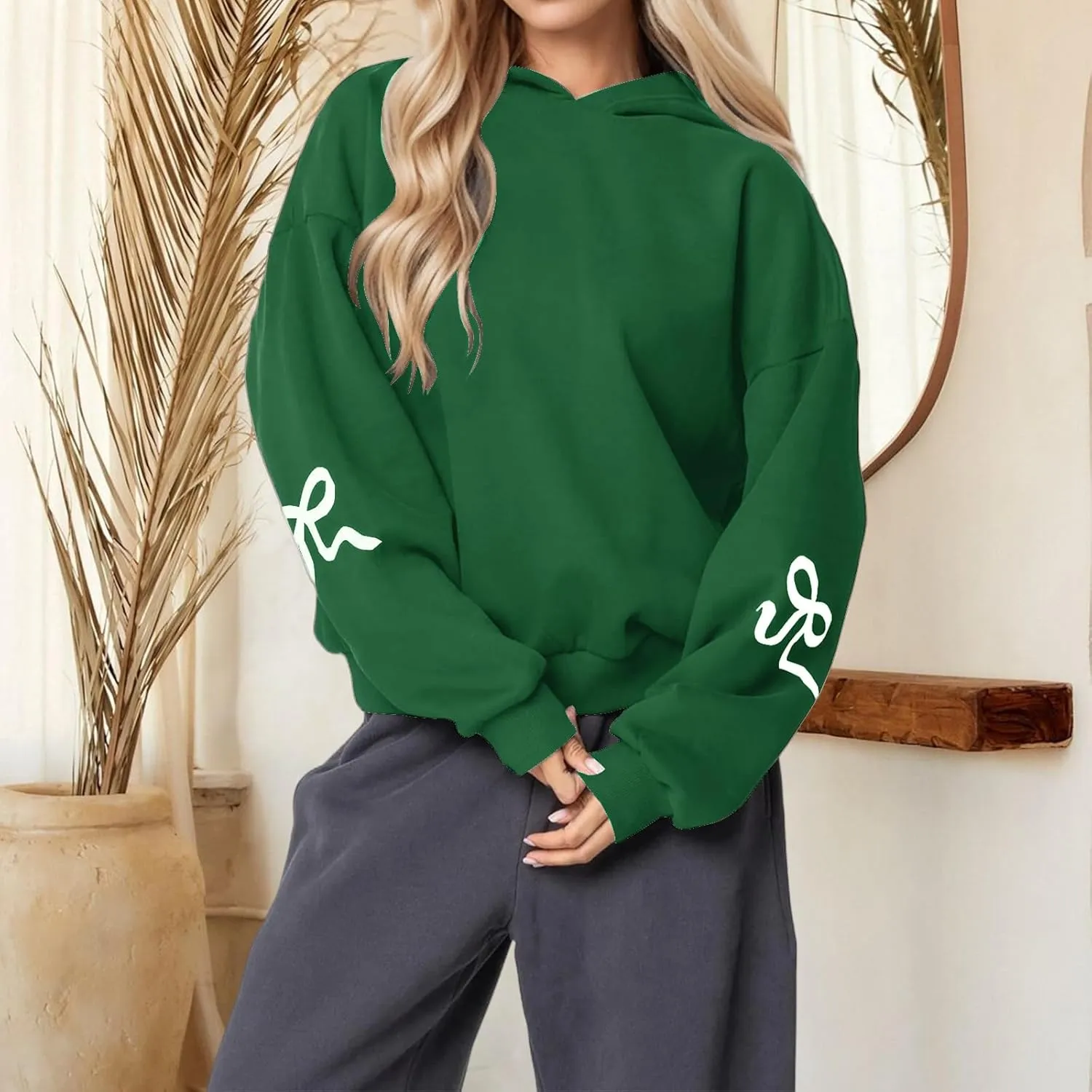 ZWRXW Womens Bow Print Hoodies Oversized Long Sleeve Drop Shoulder Sweatshirts Fall Winter Casual Hooded Pullover Tops
