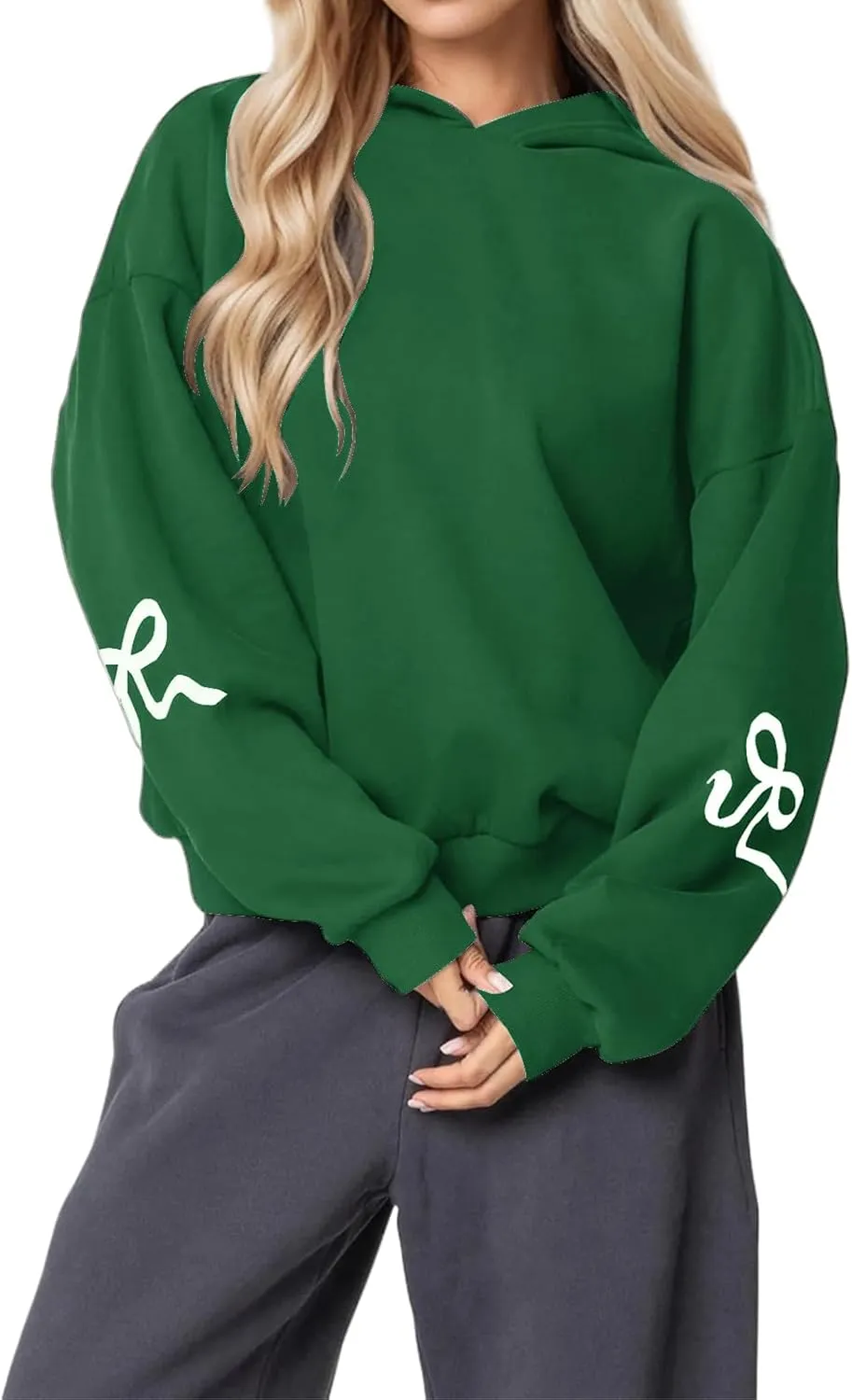 ZWRXW Womens Bow Print Hoodies Oversized Long Sleeve Drop Shoulder Sweatshirts Fall Winter Casual Hooded Pullover Tops