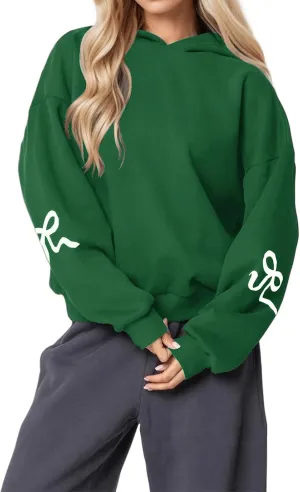 ZWRXW Womens Bow Print Hoodies Oversized Long Sleeve Drop Shoulder Sweatshirts Fall Winter Casual Hooded Pullover Tops
